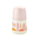 El Biberón 150ml tetina fisiológica Talla S de Suavinex presenta una gorra rosa y un diseño caprichoso de árboles abstractos de color rosa, naranja y amarillo sobre su cuerpo blanco. Ideal para quienes buscan comprar chupetes para bebés baratos o buscar productos para bebés con entrega gratis en Mallorca.
