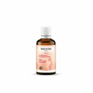 Weleda Aceite para Masaje Perineal es ideal para masajes preparto. La etiqueta muestra el nombre de la marca Weleda con texto en español e italiano y una ilustración de una persona embarazada sobre un fondo blanco, atractivo para quienes buscan ofertas en parafarmacia infantil.