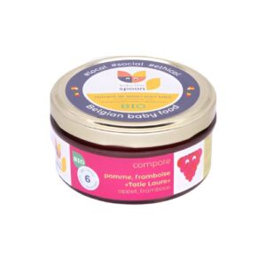 Compota de frambuesa y manzana Un tarro de Into The Spoon - Compota de frambuesa y manzana ofrece compota ecológica de manzana y frambuesa para bebés de 6 meses en adelante, ideal para padres que buscan productos para bebés con entrega en Mallorca. La tapa incluye #local, #social, #ética.