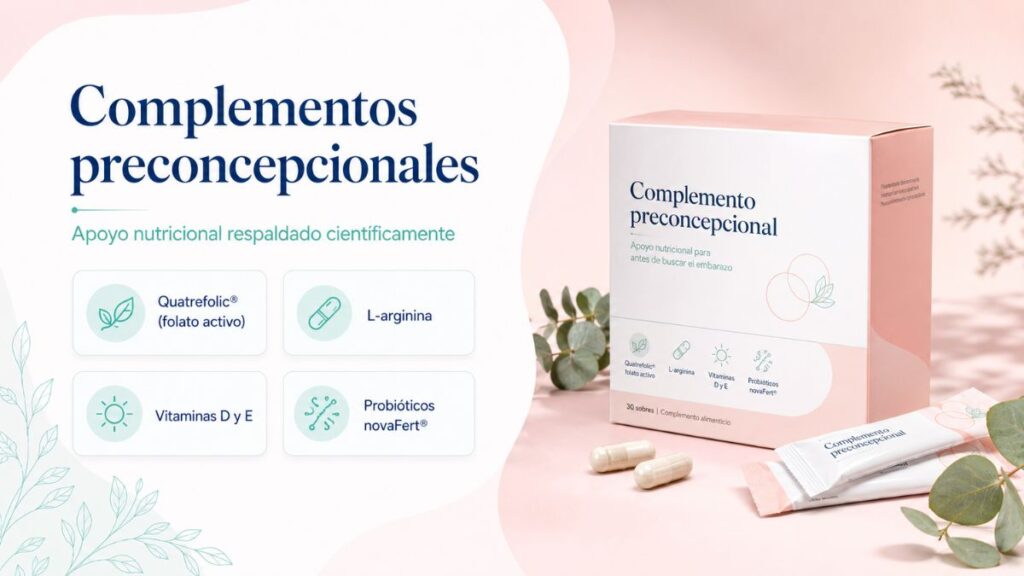 Complementos alimenticios para preconcepción con Quatrefolic, L-arginina, vitaminas y probióticos