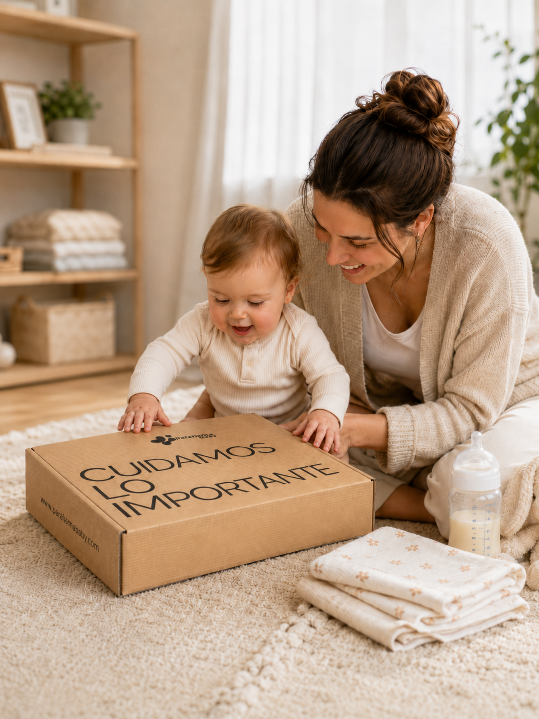 Mamá y bebé sonriendo junto a caja de pedido Parafarmababy con productos para bebé