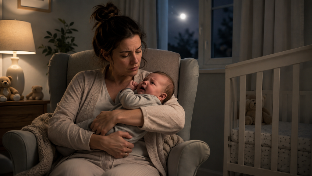 Mamá cansada sosteniendo a su bebé despierto durante un despertar nocturno