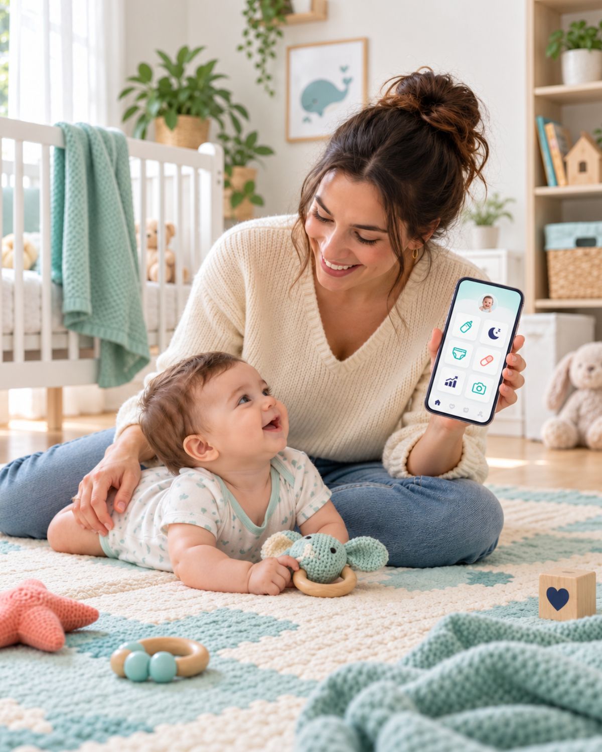Mamá registrando el día de su bebé en el móvil junto a su bebé