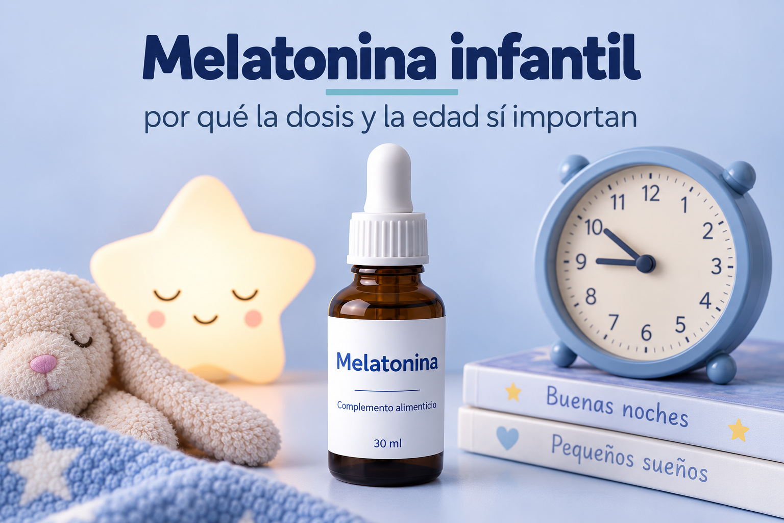 Frasco de melatonina en gotas junto a un despertador y una lamparita infantil: la dosis y la edad importan