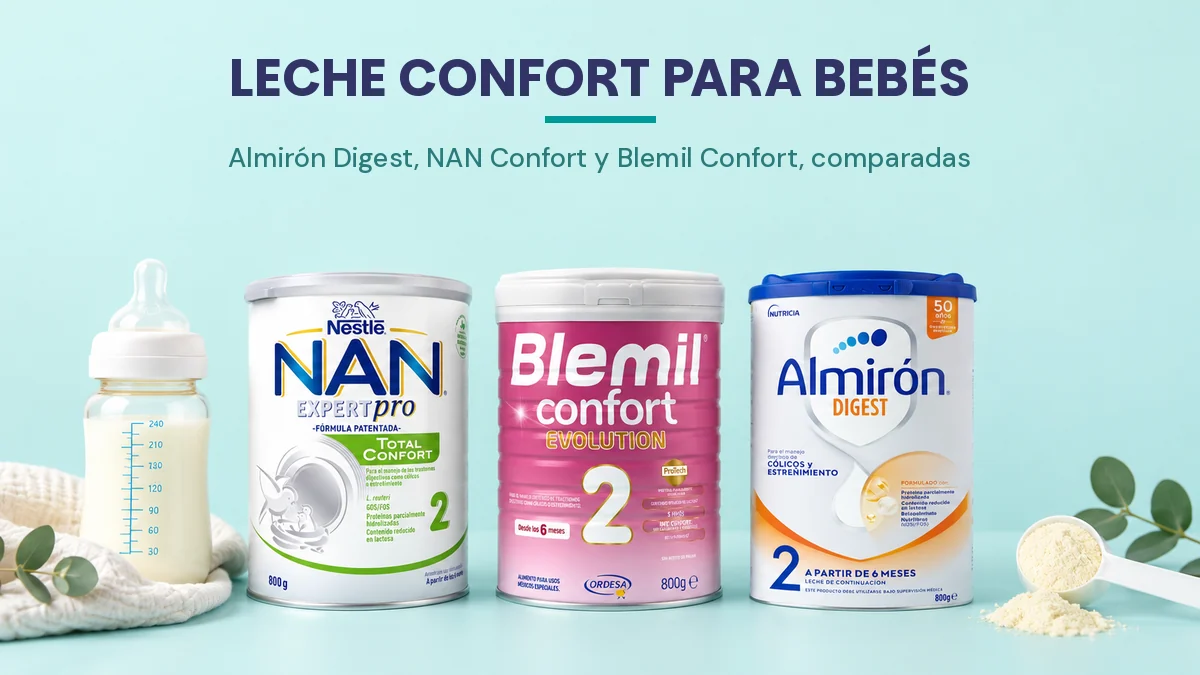 Comparativa de leches confort para beb&eacute;s: tres latas de f&oacute;rmula junto a un biber&oacute;n