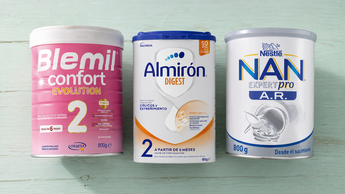 Tres botes de leche infantil especial: Blemil Confort 2, Almirón Digest 2 y NAN Expert Pro A.R.