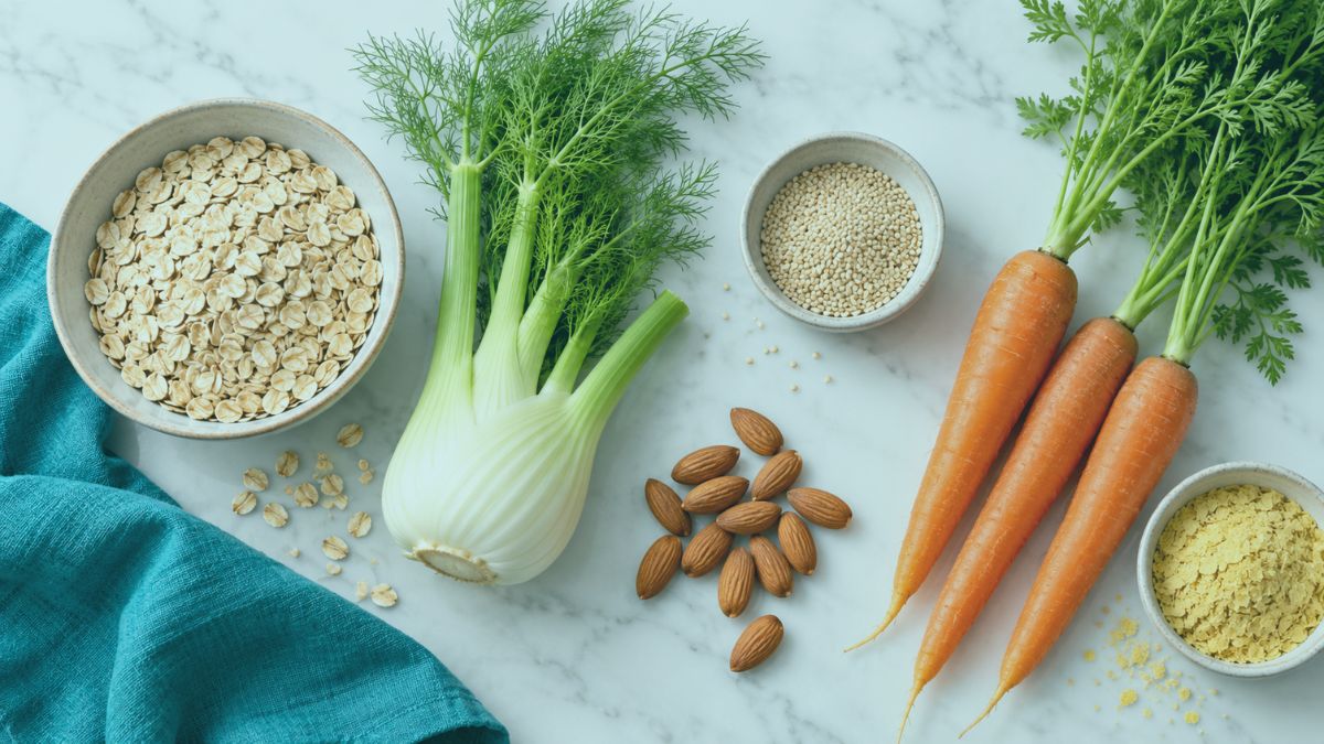 vena, hinojo, semillas de s&eacute;samo, almendras, zanahorias y levadura nutricional sobre m&aacute;rmol blanco