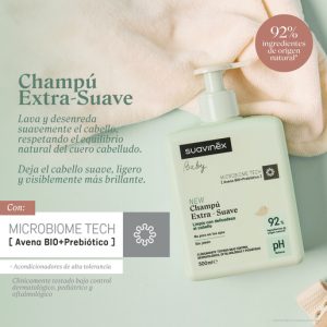 Champu-Extra-Suave-500-2026-text-02 Champú Extra-Suave Suavinex Baby 500 ml con Microbiome Tech (avena BIO y prebiótico) y 92 % de ingredientes de origen natural