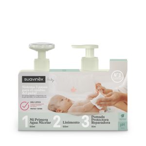 Set cambio de pañal 3 pasos Suavinex: caja con agua micelar, linimento y pomada protectora reparadora