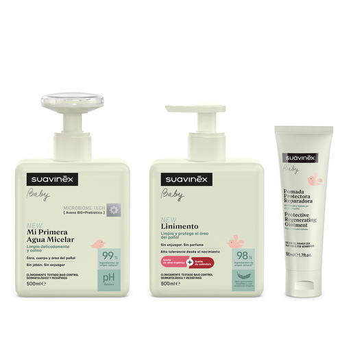 Cosmetica-Bebe-Sistema-3-Pasos-prod-02 Agua micelar 500 ml, linimento 500 ml y pomada protectora reparadora 50 ml del set cambio de pañal 3 pasos Suavinex